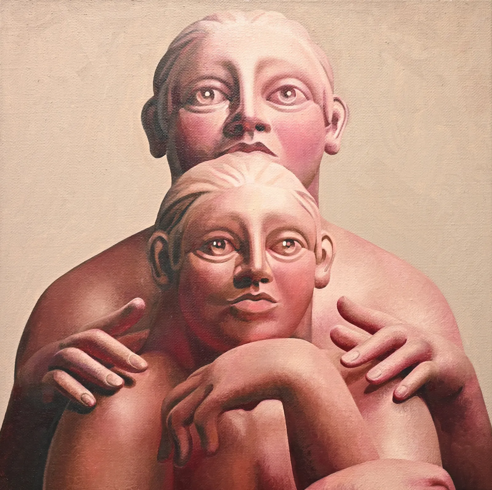 Two stylized, semi-nude figures with exaggerated facial features, one behind the other, both with serious expressions. The figure in the front is resting their chin on their hand, while the figure in the back has a hand placed on the front figure's shoulders. The artwork has a soft color palette.