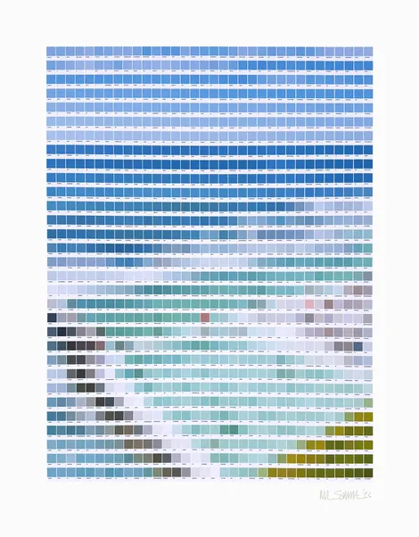 A mosaic of colored square swatches in varying shades of blue, green, and white, resembling a beach scene with water and sand.