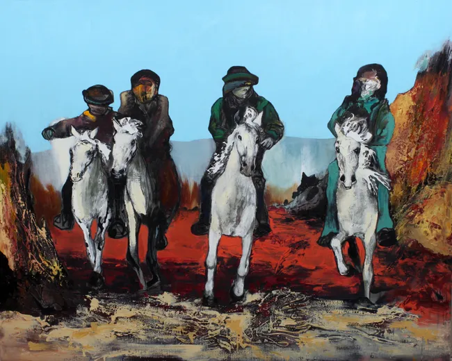 Four figures on white horses in a colorful landscape, with a blue sky and reddish terrain.