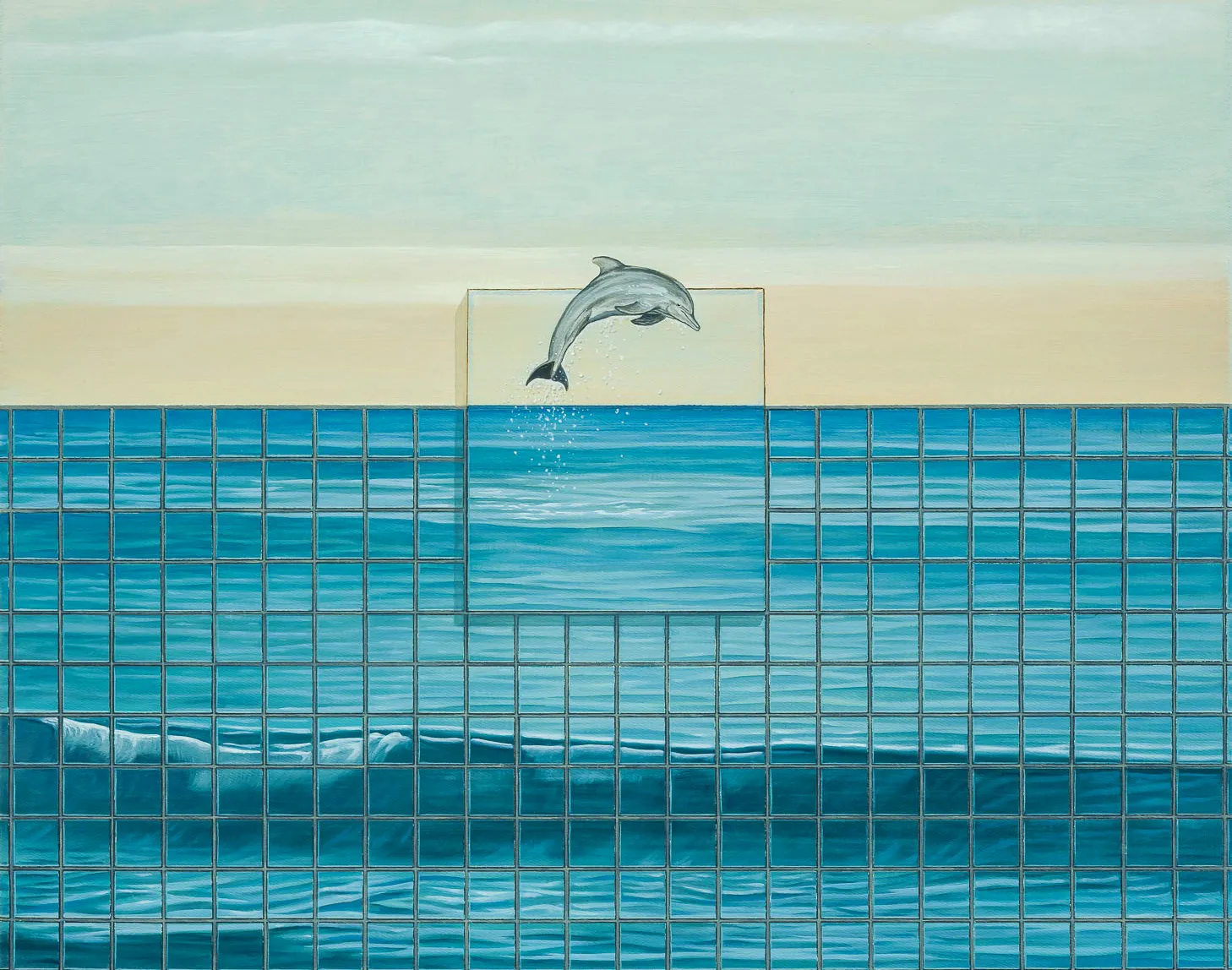 A dolphin jumping out of the water in a serene ocean setting, with a light blue sky and gentle waves.