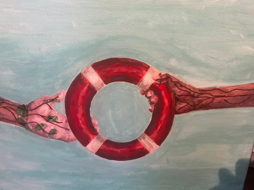 A painting depicting two hands reaching for a red lifebuoy against a blue background.