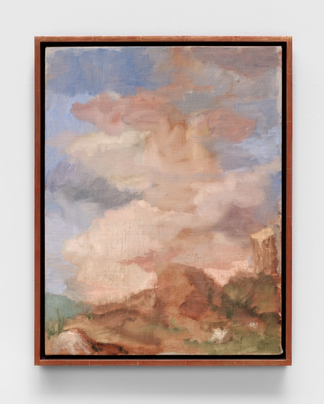 A soft, abstract landscape with pastel colors, featuring swirling clouds and hints of land.