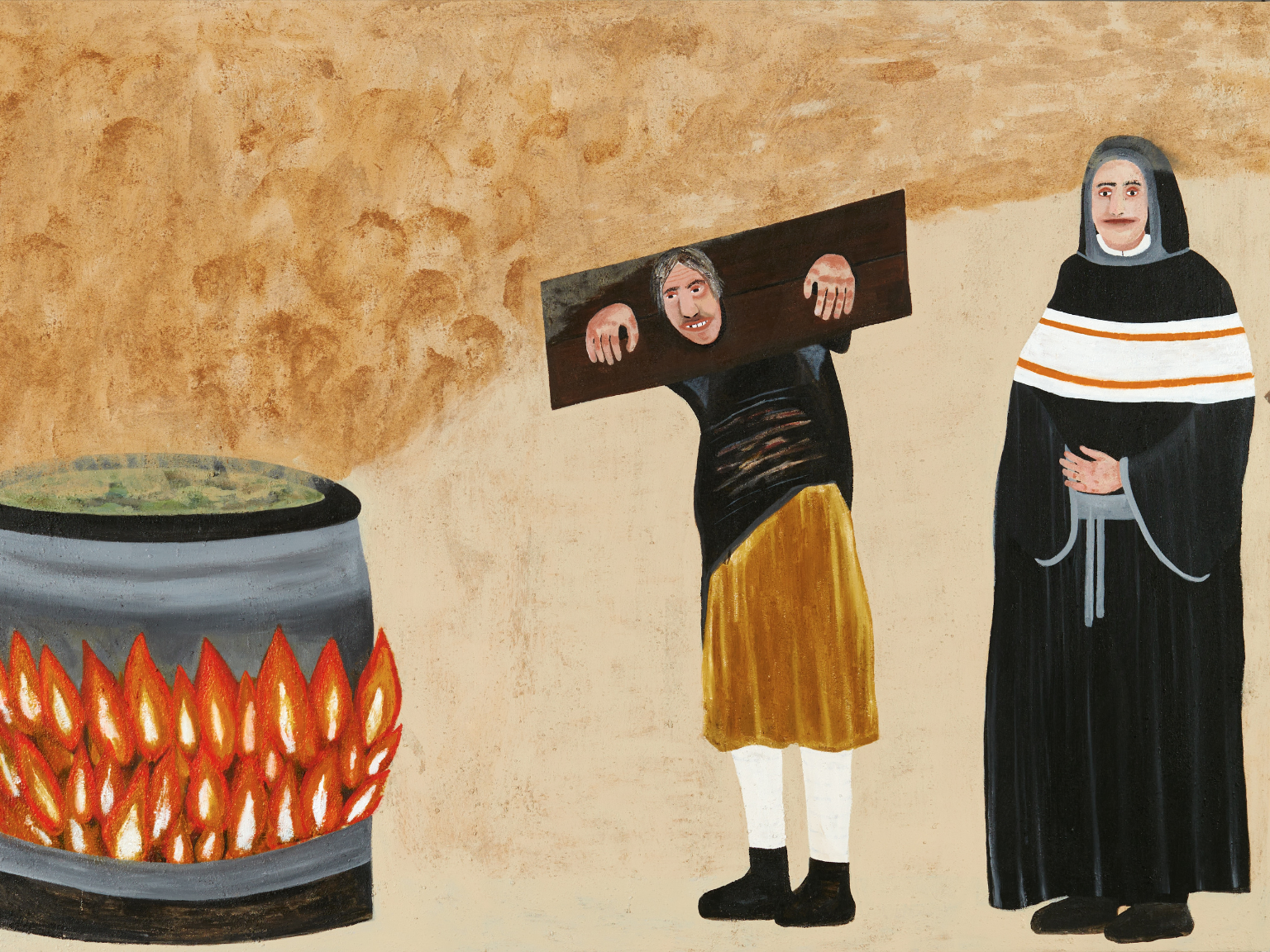 A historical scene depicting a figure in stocks with a distressed expression, beside a cauldron over a fire, while another figure in a dark cloak observes.