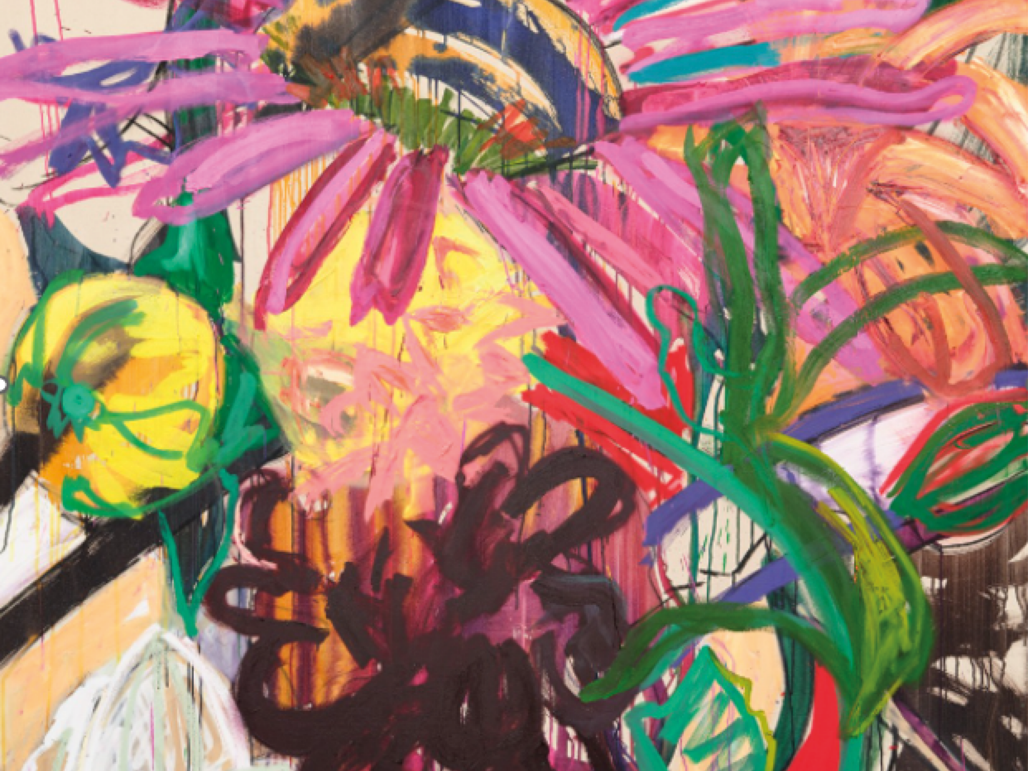 A vibrant abstract painting featuring large, stylized flowers in various colors, including pinks, yellows, and greens, with bold brush strokes and a lively composition.