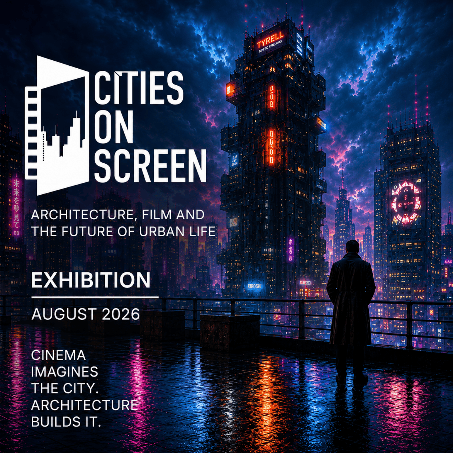 A futuristic cityscape with neon lights at night, featuring tall buildings and a figure standing on a balcony, with text overlay promoting an exhibition titled "Cities on Screen."