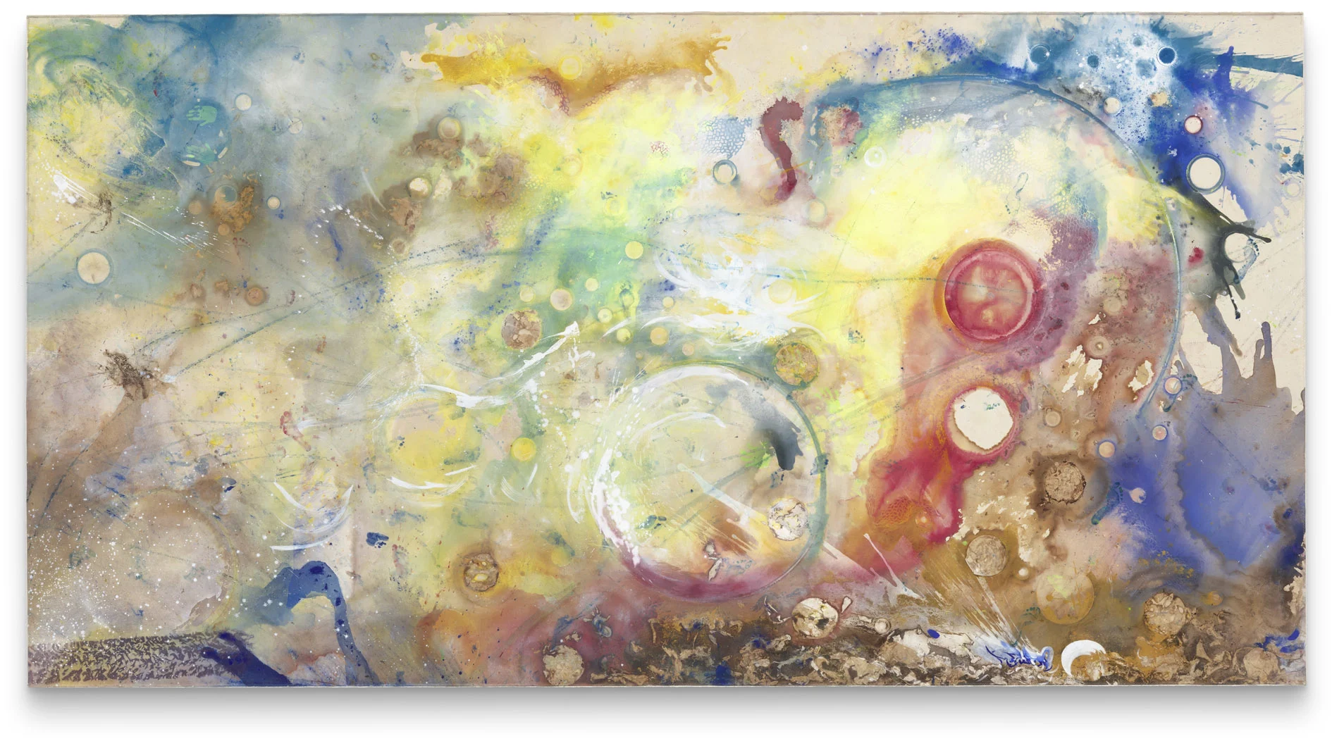 An abstract watercolor painting with vibrant colors, including yellow, blue, and hints of red, featuring organic shapes and fluid patterns.