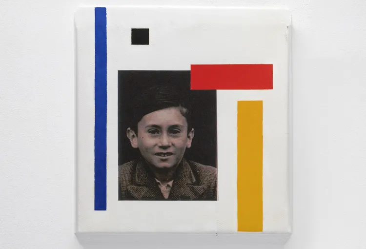 A composite image featuring a black-and-white photograph of a young boy centered on a white background, surrounded by geometric shapes in blue, red, yellow, and black. | 2026 Frith Street Gallery