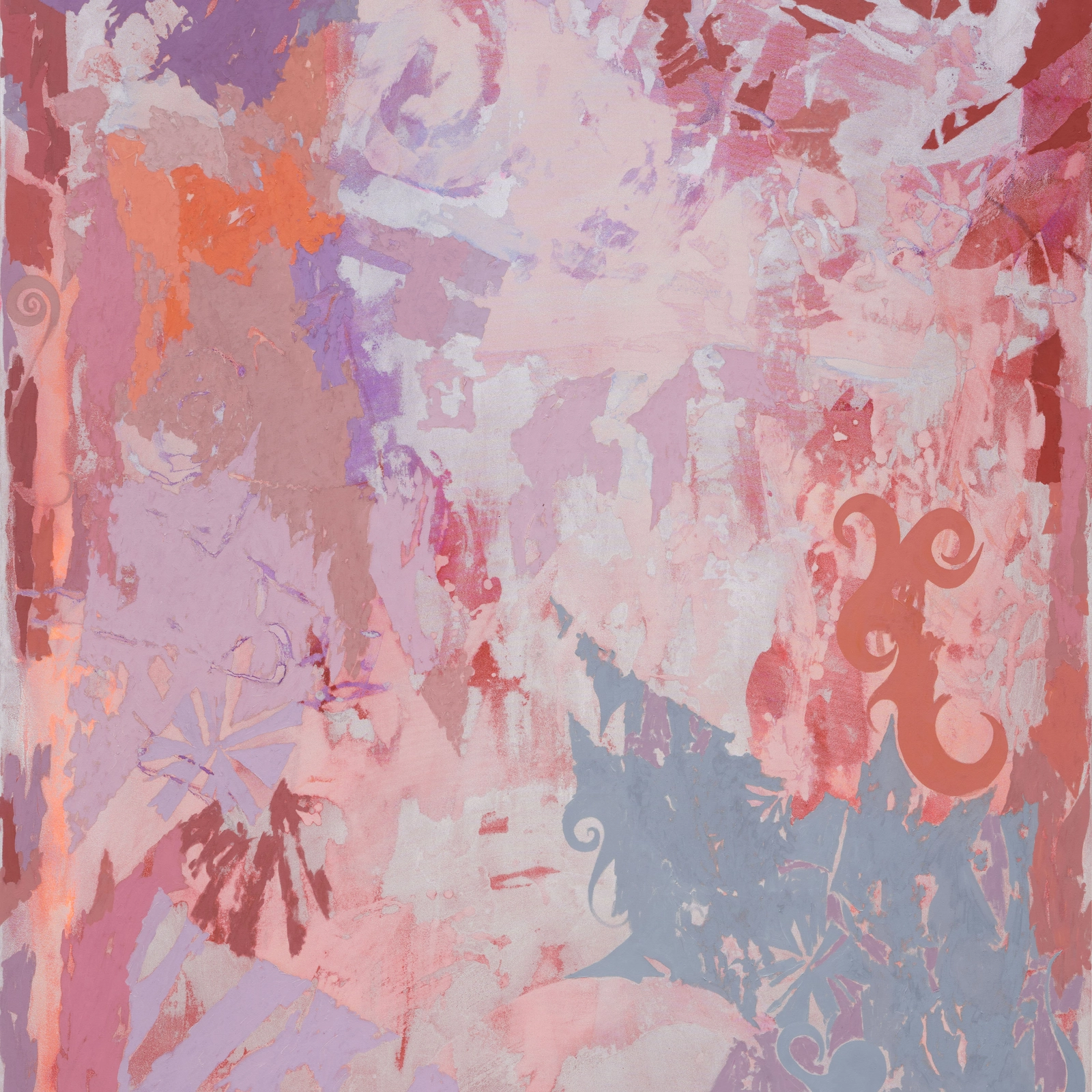 An abstract artwork featuring a blend of soft pinks, purples, and light colors with textured brush strokes and whimsical shapes.