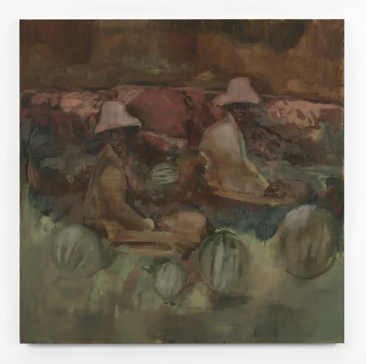 Two figures sitting on the ground amidst abstract shapes, possibly watermelons, with a muted color palette.