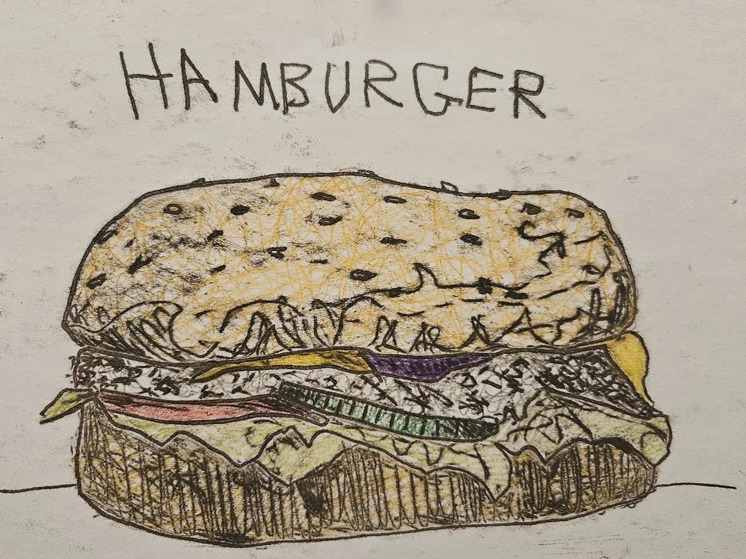 A hand-drawn illustration of a hamburger with the word "HAMBURGER" above it.