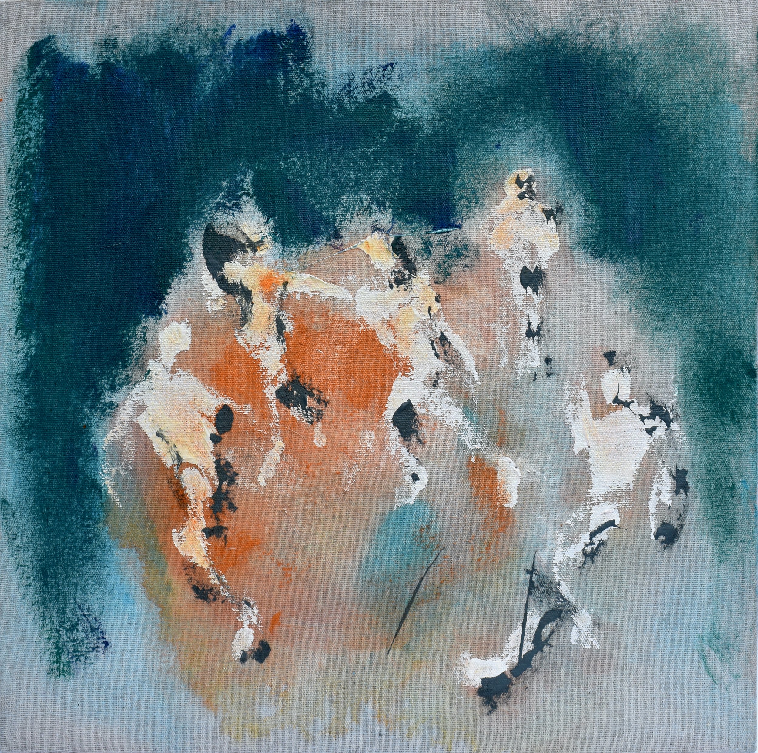 Abstract painting with swirling colors including blue, orange, and white on a textured background.