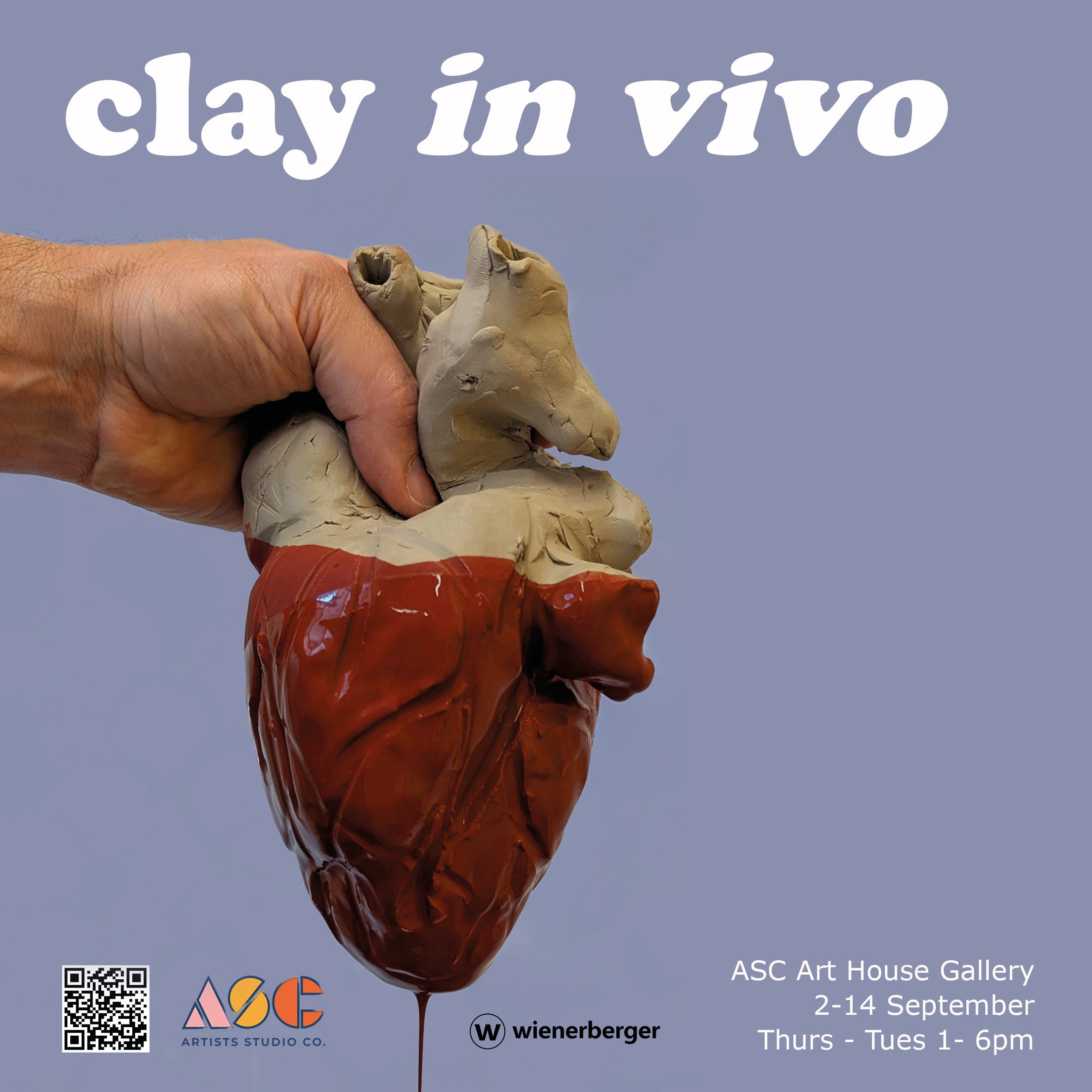 A hand holding a clay sculpture of a heart with the text "clay in vivo" and event details for an art gallery exhibition.