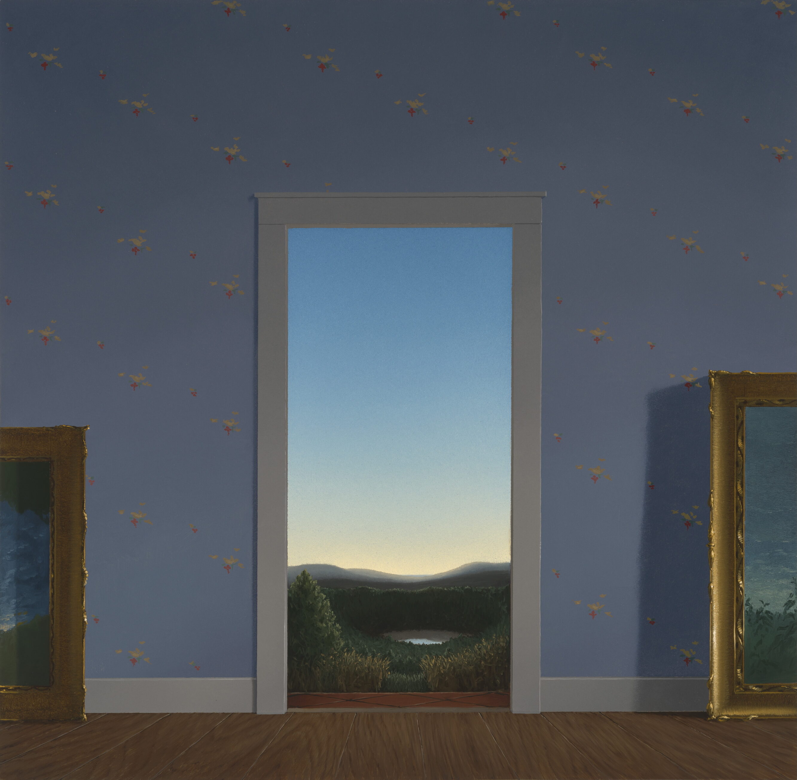 A doorway in a blue room opens to a landscape with a sunset, flanked by two framed paintings on either side.