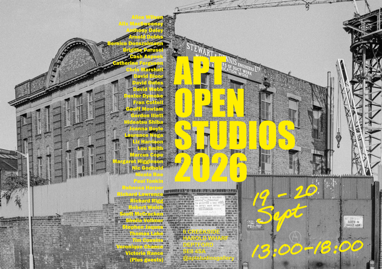 APT Open Studios 2026, 19-20 Sept, 13:00-18:00. Location and participants listed.