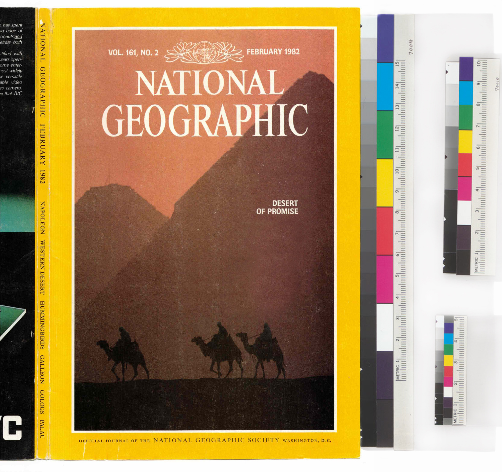 Cover of the February 1982 issue of National Geographic, featuring a desert landscape at sunset with silhouettes of camels and mountains.
