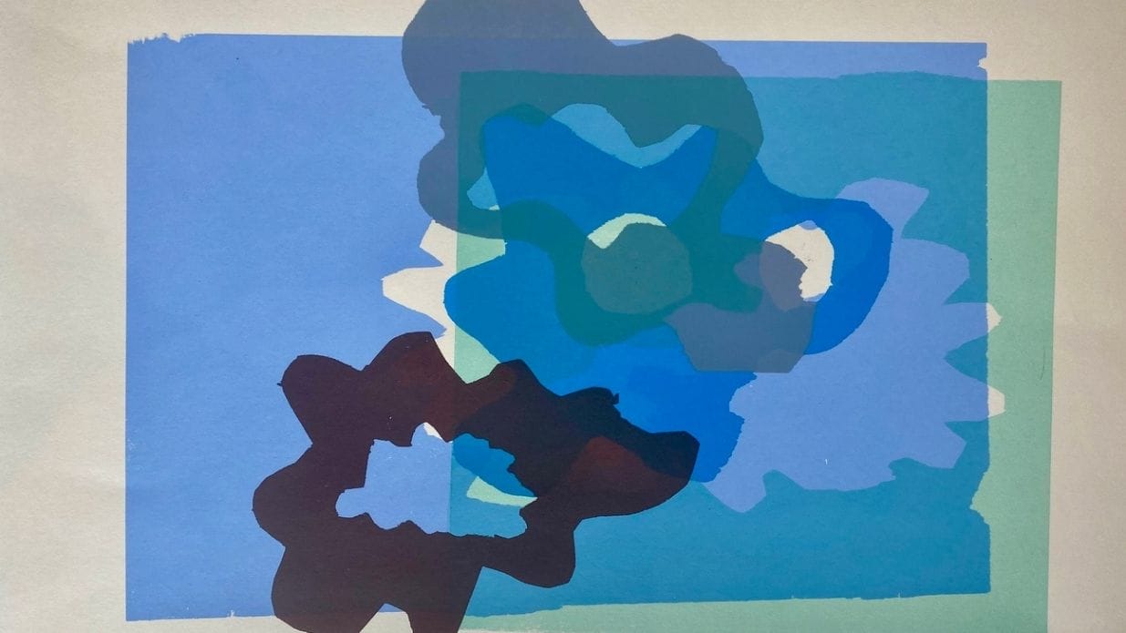 Abstract composition of overlapping shapes in various shades of blue and green, including dark and light elements, on a light background.