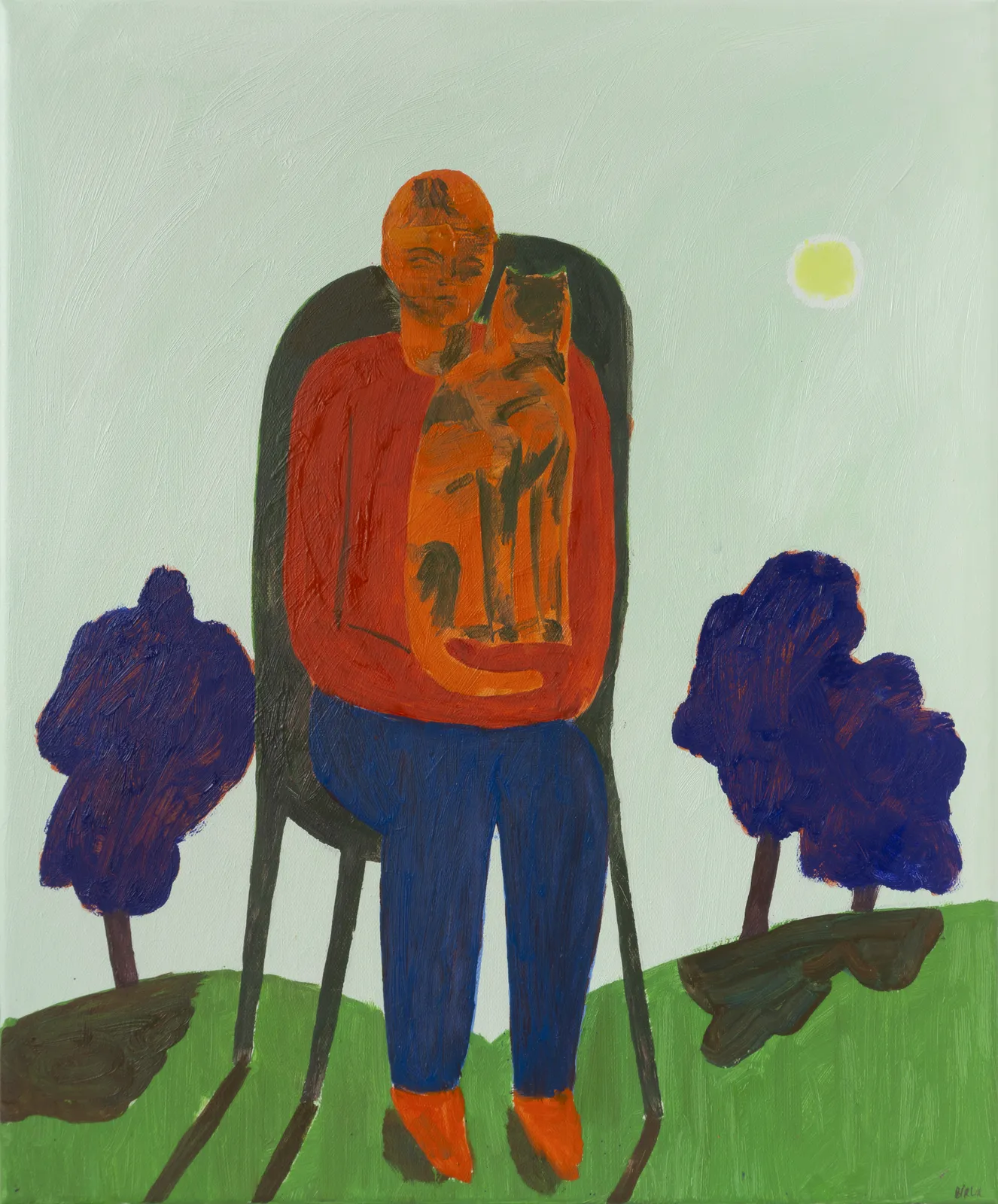 A person sitting on a chair holding a cat, surrounded by stylized trees and a sun in a pastel sky.
