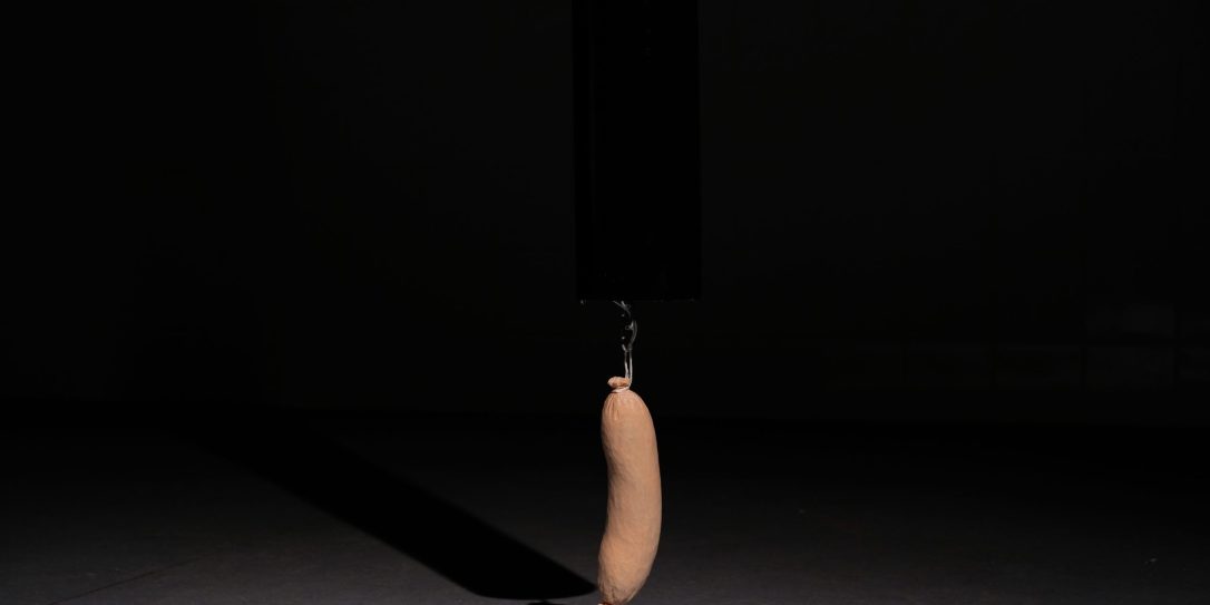 A single sausage-like object hanging from a black structure in a darkened space.