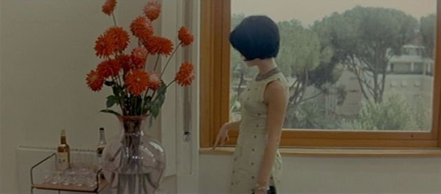 A woman in a sleeveless dress stands by a window, looking out. A vase of red flowers is on a nearby table, along with a bottle of liquor and glasses.