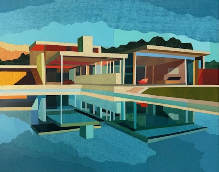 A colorful, geometric depiction of a modern architectural structure by a pool, with reflections in the water and a mountainous backdrop.