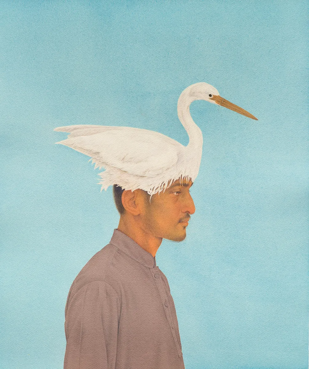 A profile portrait of a man with a white bird perched on his head against a light blue background.