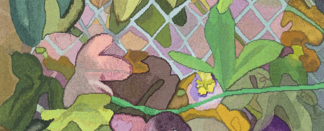 A colorful textile artwork depicting various abstract plant shapes and forms, with a mesh background.