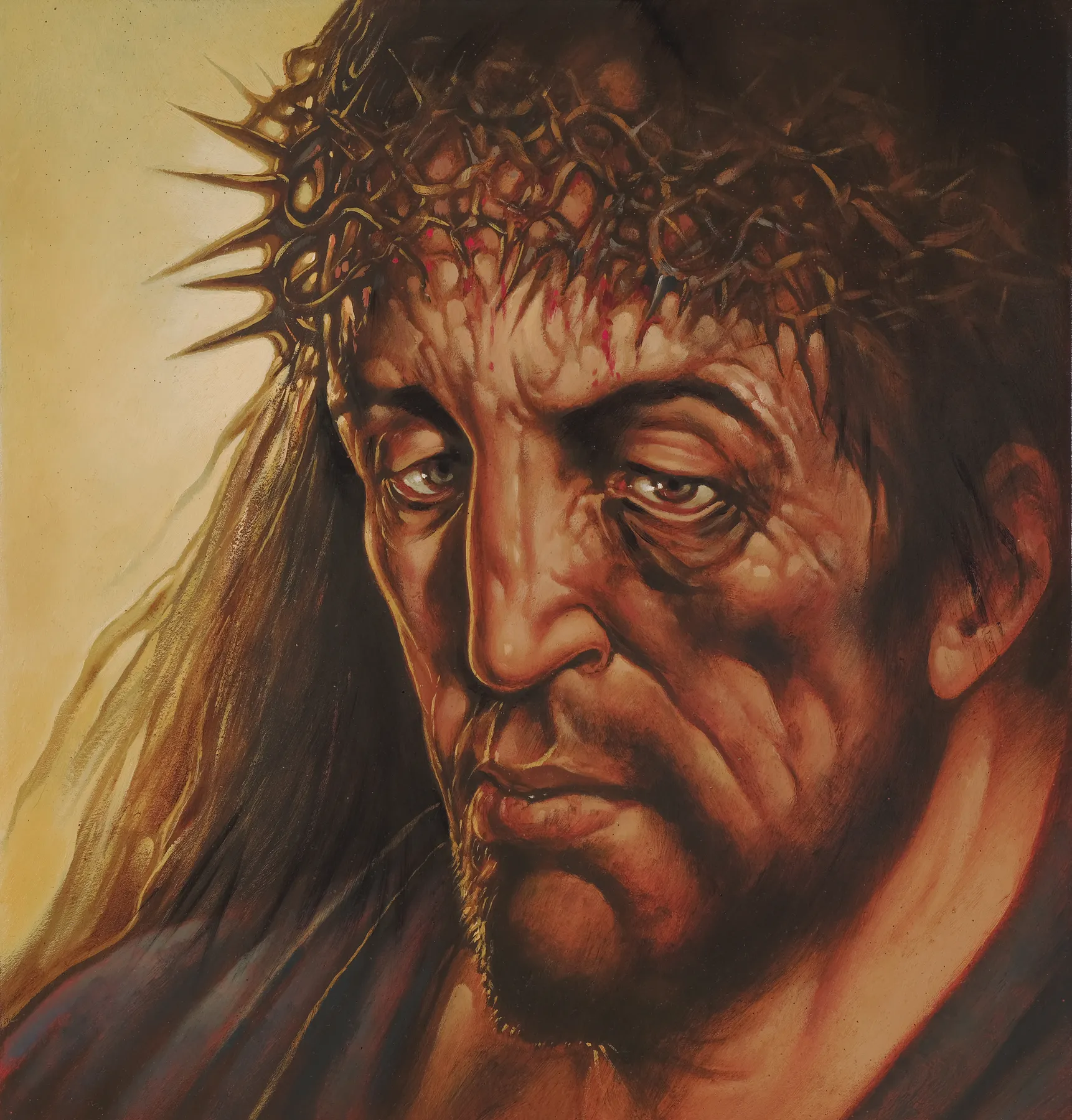A somber portrait of a man with a crown of thorns, depicting strong emotional intensity. His expression conveys suffering and anguish, with detailed facial features and shadows.