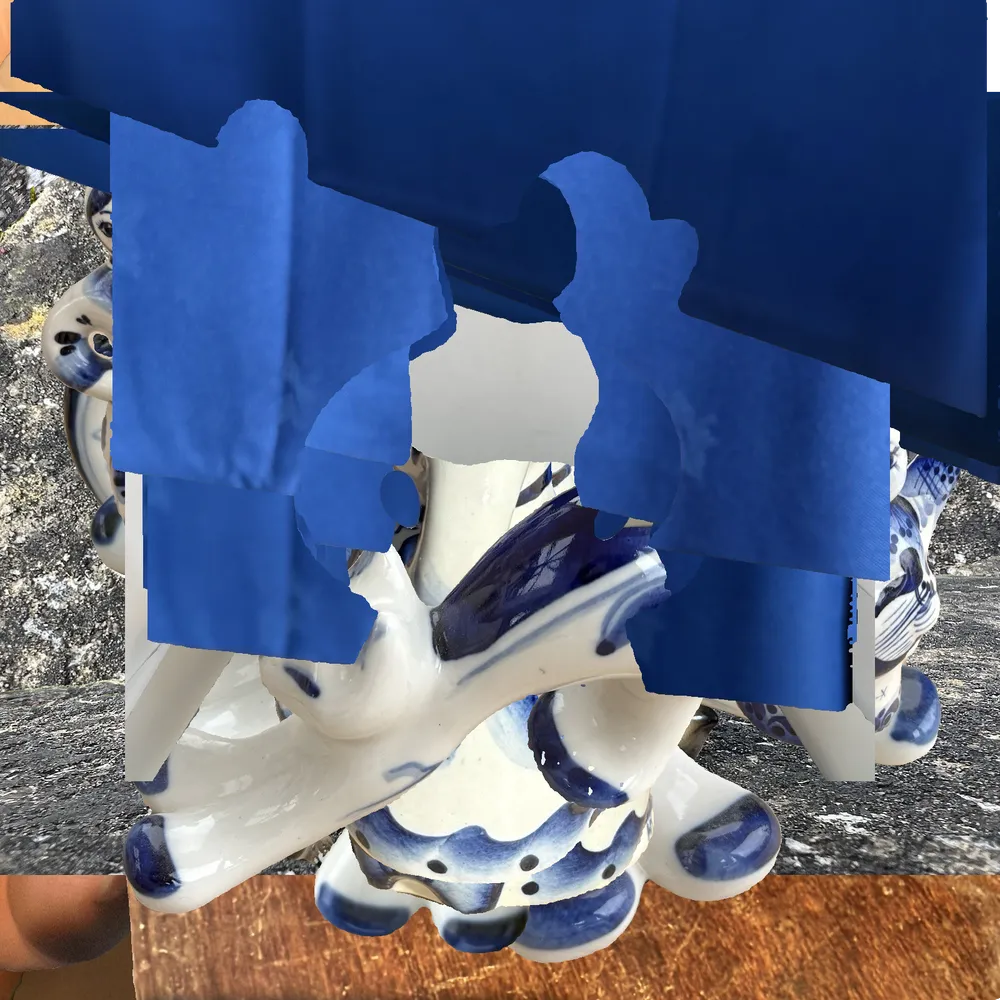 A digitally manipulated image featuring abstract shapes and patterns created with blue and white elements, combined with a textured background that resembles a natural setting. | 2026 Gerald Moore Gallery