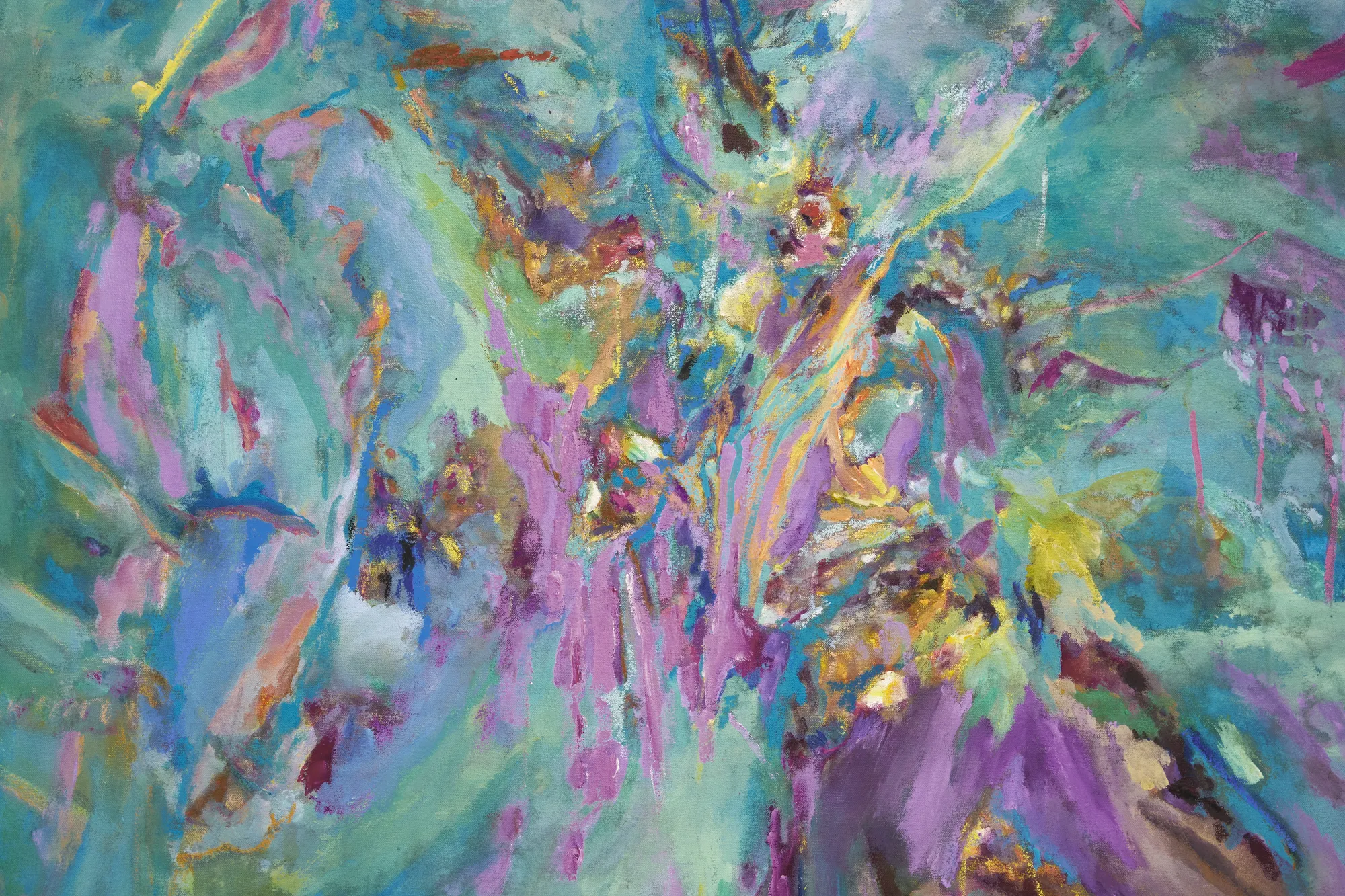 An abstract painting featuring vibrant colors and fluid shapes, with shades of teal, pink, purple, and yellow blending together.