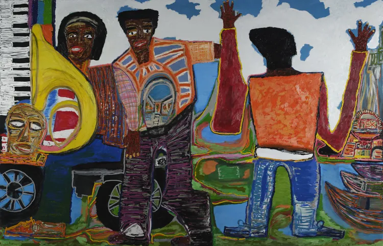 A colorful, abstract painting featuring figures with exaggerated features and styles against a background of blue skies and vibrant landscapes, with a piano and masks in the composition.