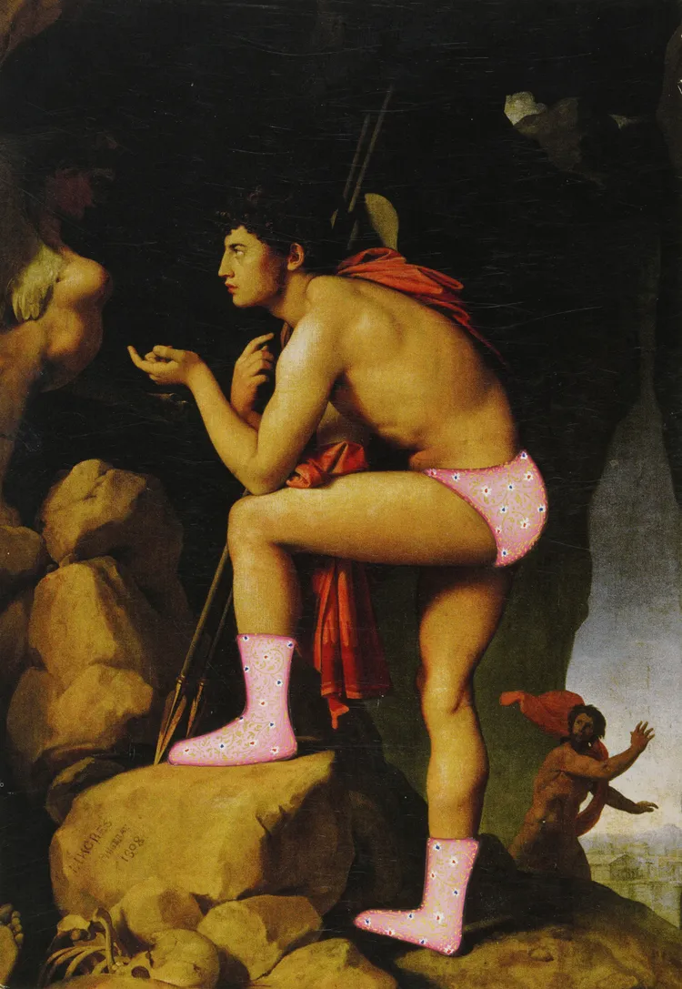 A classical painting of a young male figure in a cave, wearing only pink underwear and pink socks with white patterns, striking a thoughtful pose, while another figure is faintly visible in the background.