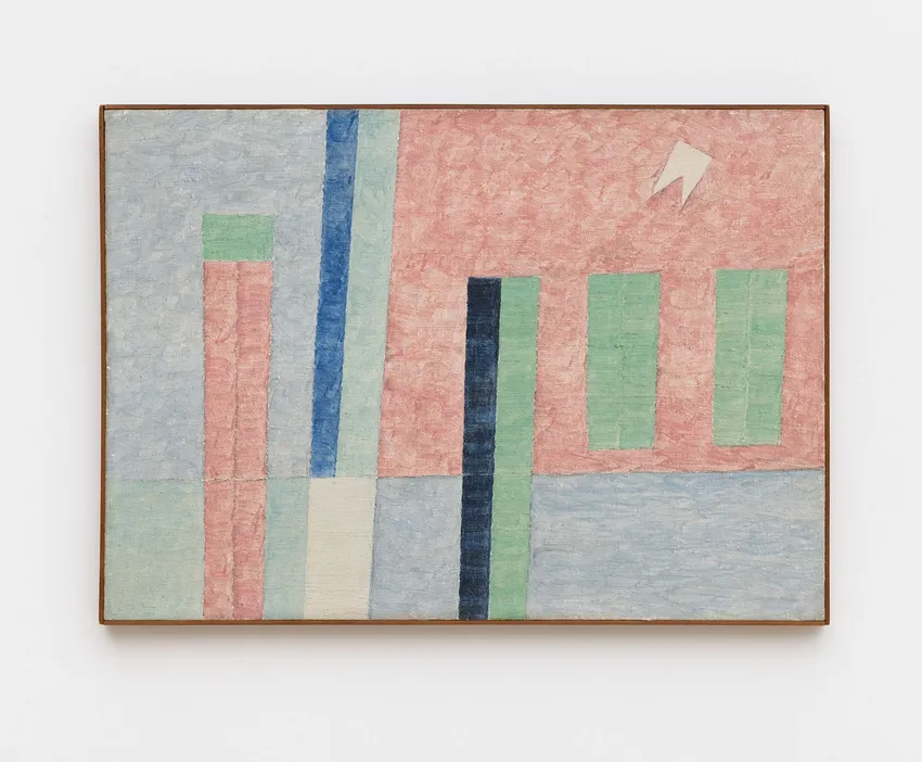 A colorful abstract painting featuring vertical and horizontal shapes in shades of pink, blue, green, and black, with a white triangular element in the upper right corner.