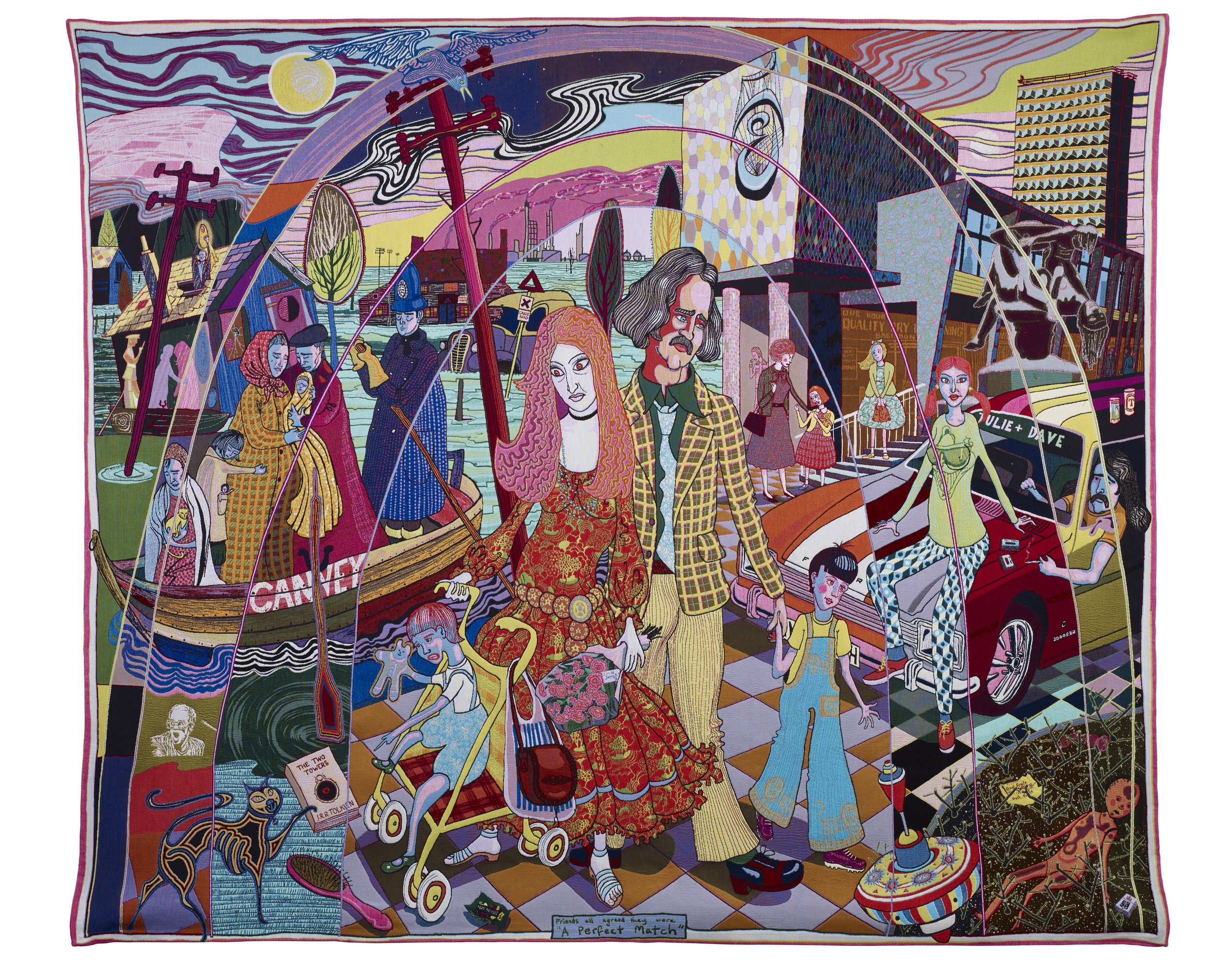 A colorful tapestry depicting various scenes and characters, including a couple walking with a stroller, people in a boat, and a red car, with a vibrant urban backdrop.