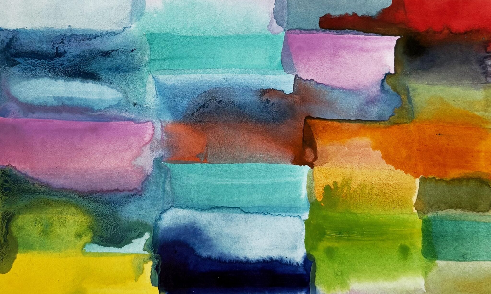 An abstract watercolor painting featuring a variety of colors including pink, blue, green, purple, and orange, blended in horizontal stripes.