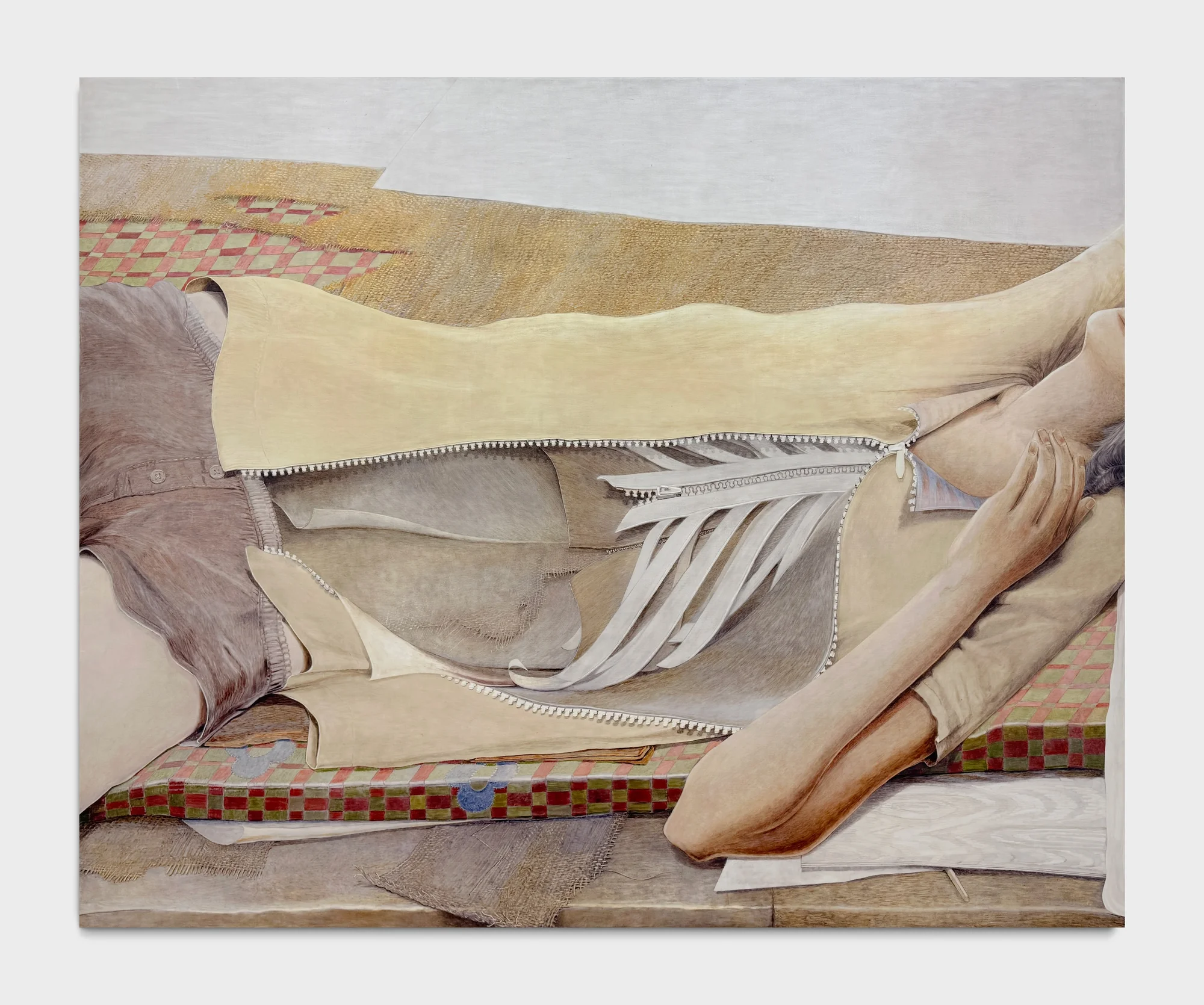 A surreal painting of a reclining figure partially covered with fabric, depicting muted colors and intricate textures.