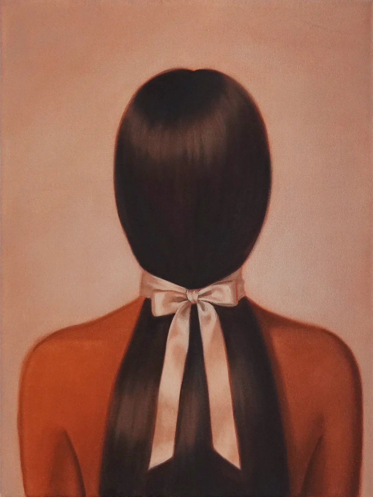 Rear-view portrait of a figure with glossy dark hair tied by a cream ribbon, wearing a rust-red garment; warm, muted tones create a calm, mysterious mood.