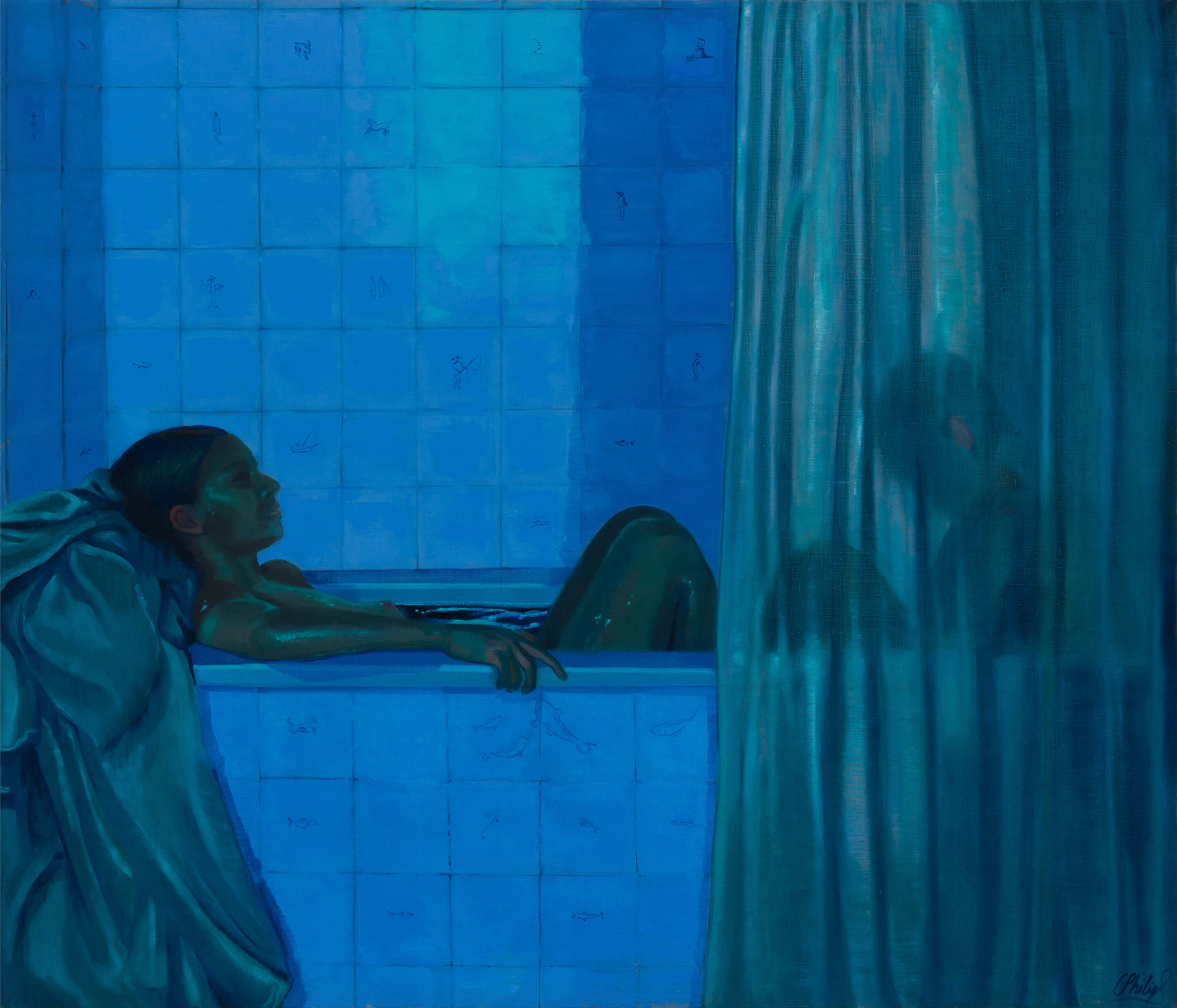 Blue-toned painting of a person reclining in a tiled bathtub while another figure leans nearby; a sheer curtain creates a quiet, intimate mood.