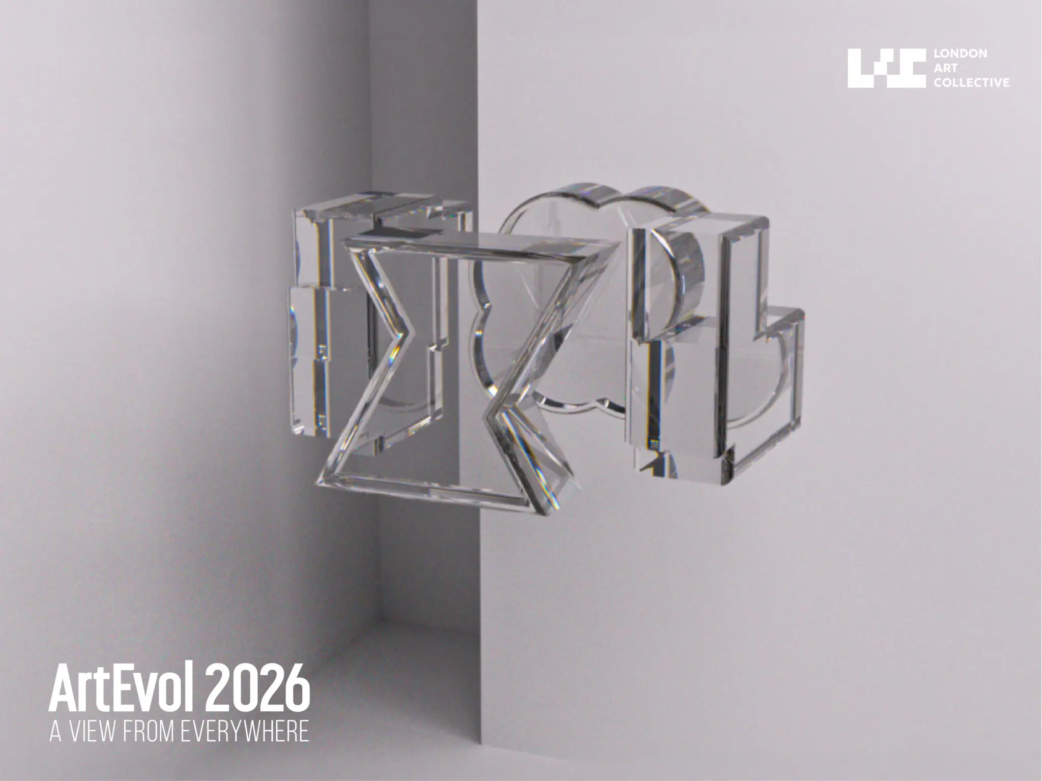 Transparent geometric sculpture of interlocking mirrored letters in a minimalist gray alcove, evoking a futuristic, reflective mood.