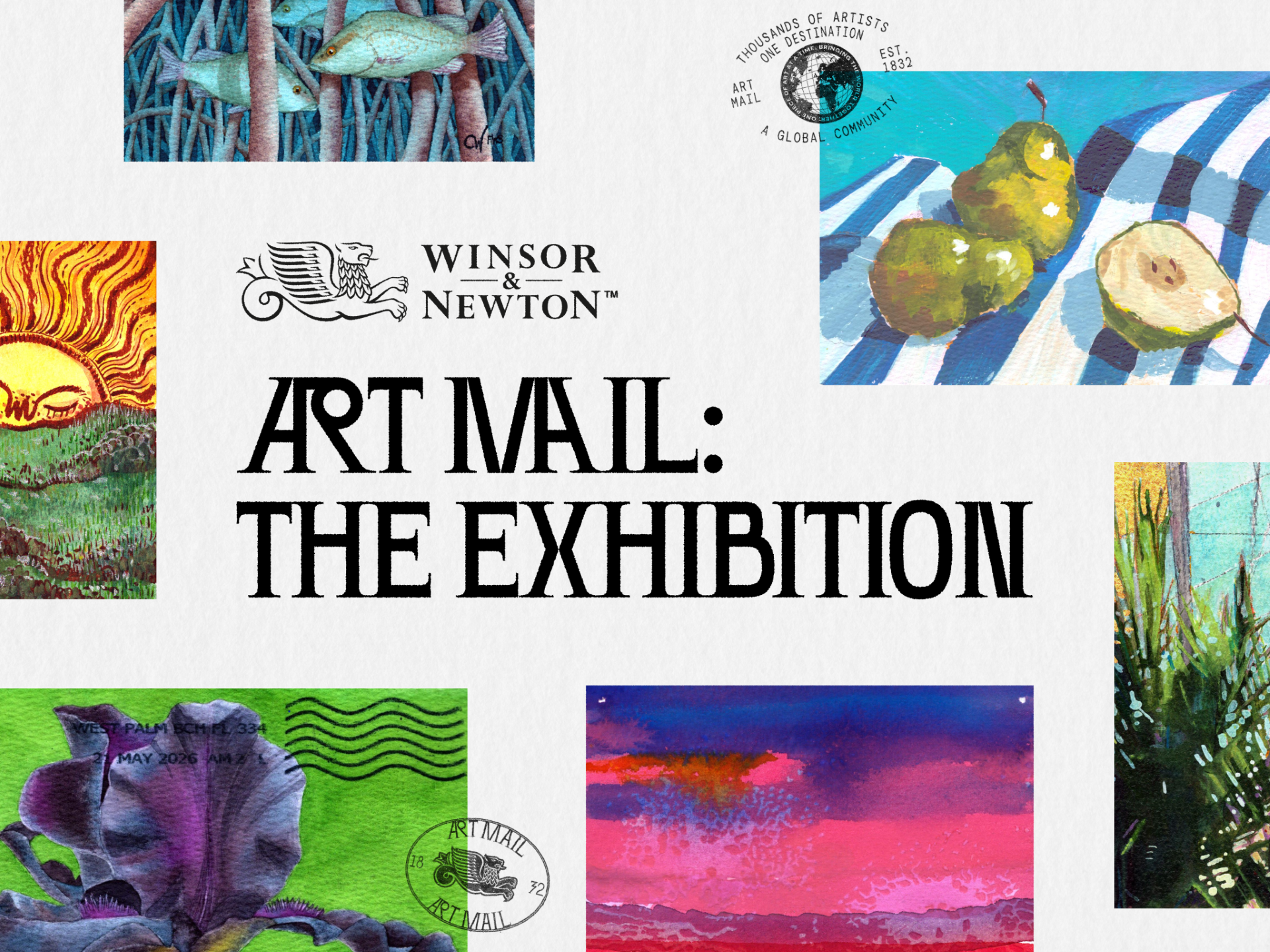 Collage poster for “Windsor & Newton Art Mail: The Exhibition,” featuring colorful abstract paintings, fish, plants, and stamped artwork.
