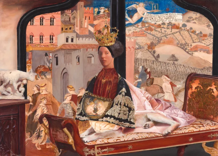 Regal Renaissance painting of a crowned woman in red and black velvet holding a baby on an ornate bed, with castles and rolling countryside behind her.