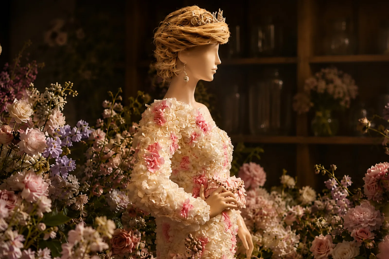 Profile of a woman in an elaborate updo and floral dress, surrounded by abundant pastel flowers in a warm, romantic, vintage room.