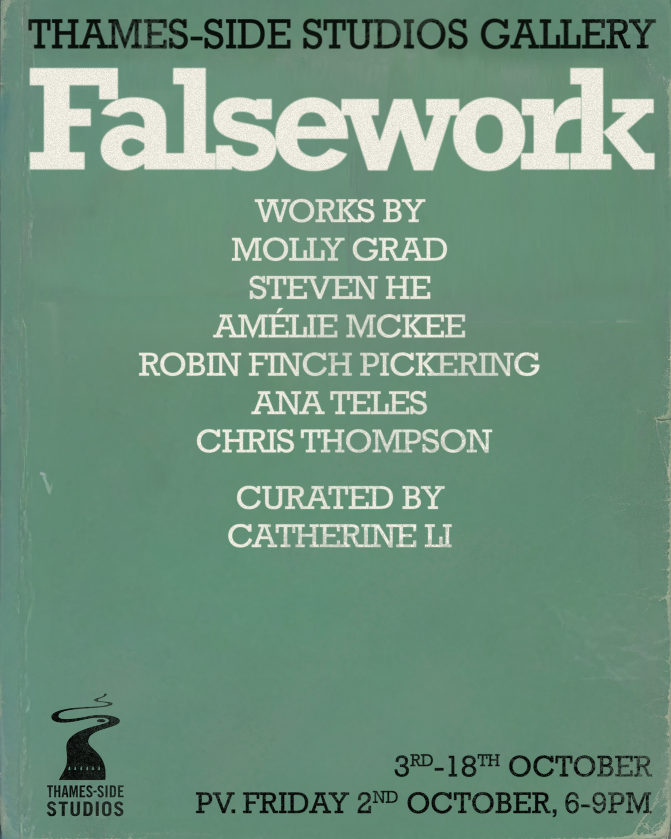 Vintage green Thames-Side Studios Gallery poster for “Falsework,” a six-artist exhibition curated by Catherine Li, with October dates.