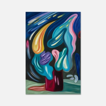 Abstract surreal painting of vivid blue, pink, yellow, and teal organic forms rising from a red base, creating a fluid, dreamlike mood. | 2026 Timothy Taylor