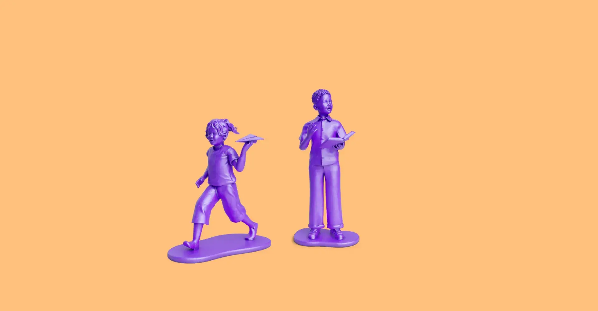 Two purple figurines—a running child holding a paper airplane and an adult holding a book—stand against a peach background, suggesting playful learning. | 2026 Imperial War Museum London