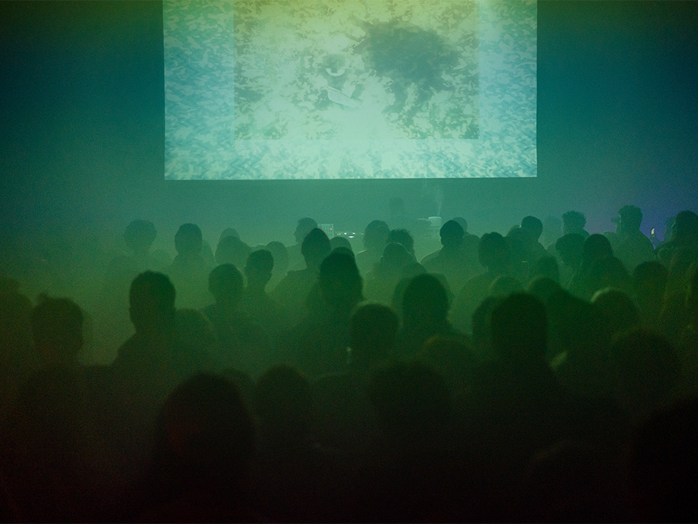 A shadowed crowd watches an abstract, pale projection through green stage haze, creating a quiet, mysterious atmosphere in a dim indoor venue.