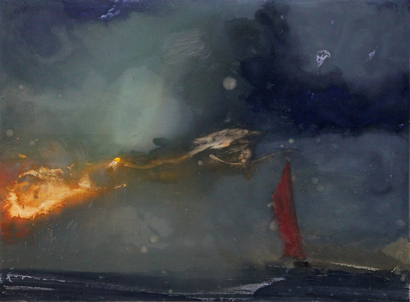 A lone boat with a vivid red sail crosses a dark, stormy sea beneath swirling clouds, as a fiery orange glow breaks through on the left. Dramatic, moody scene.