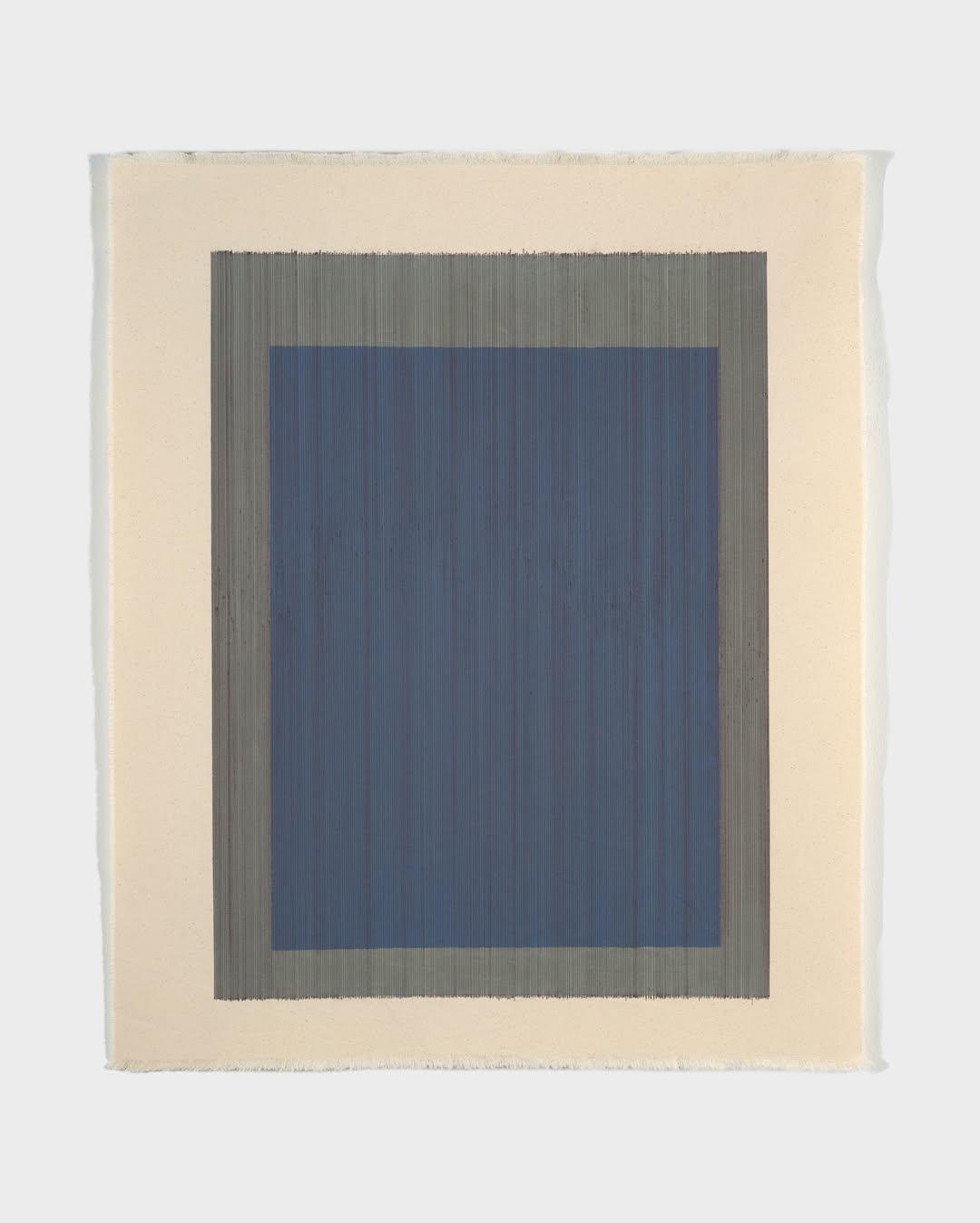 Abstract geometric artwork on cream paper: a deep blue rectangle framed by fine charcoal-gray vertical lines, creating a calm, minimalist, contemplative tone.