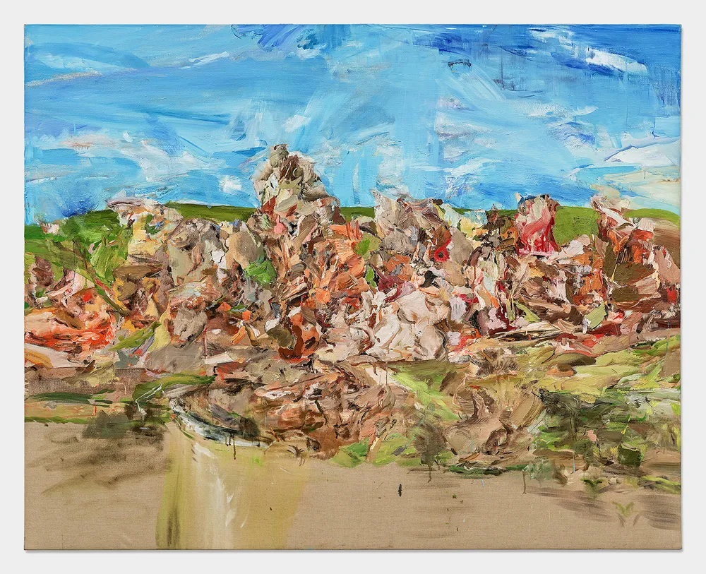 Expressive abstract landscape painting with a vivid blue sky above a chaotic mound of earthy, figure-like forms, conveying restless energy and turmoil.