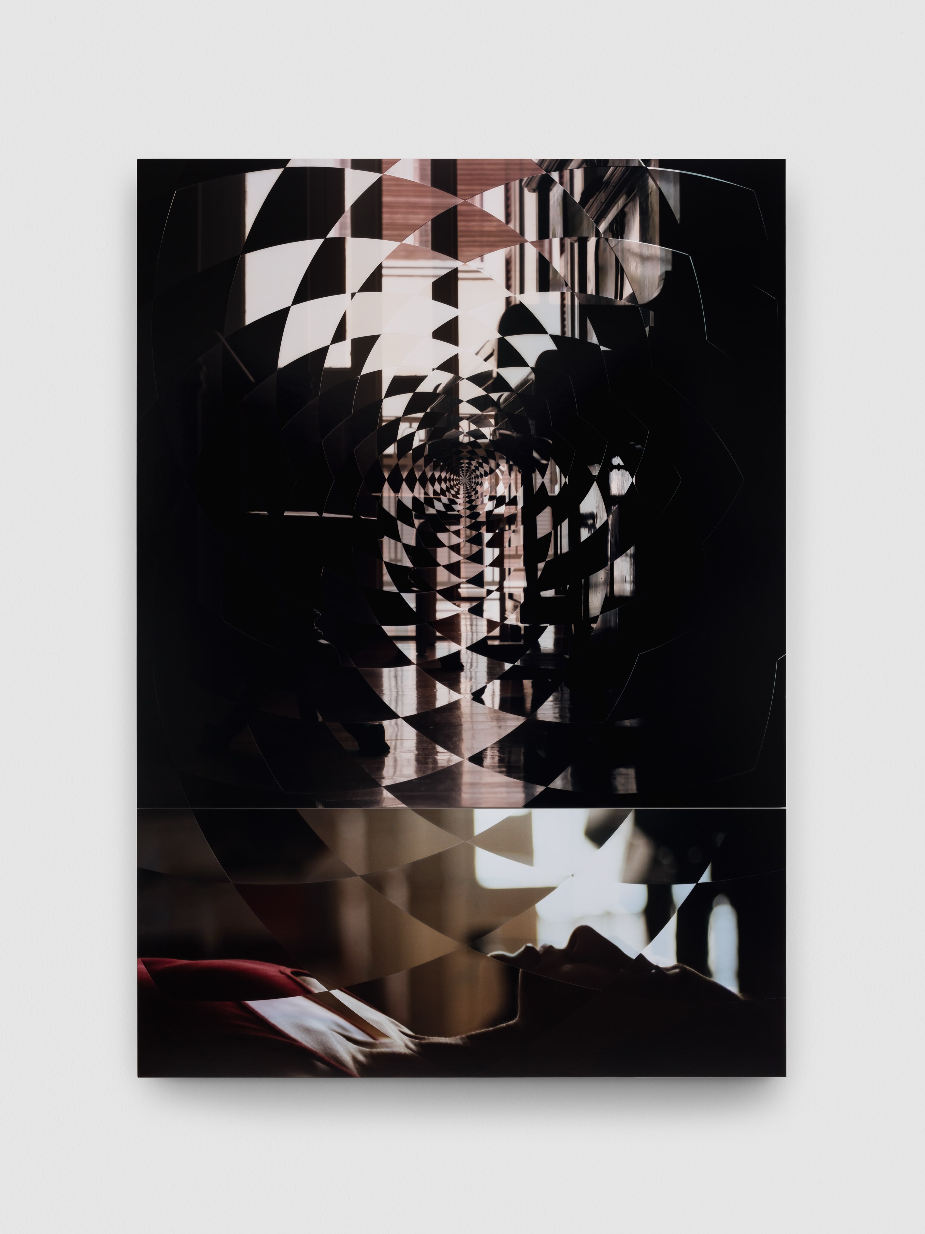 Abstract black-and-white digital artwork of fragmented geometric shapes spiraling into a central tunnel, with muted brown and red tones below; disorienting, dreamlike mood.