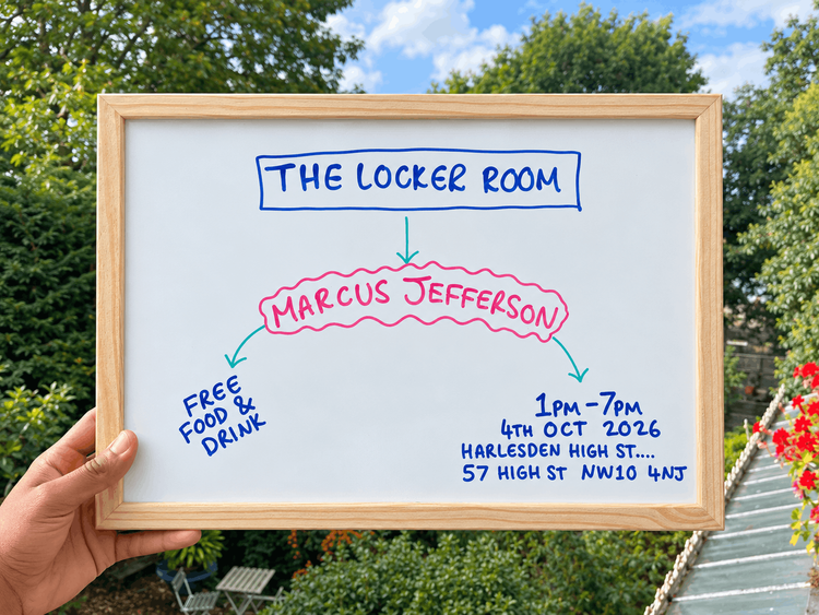 A hand holds a framed whiteboard outdoors, announcing “The Locker Room” with Marcus Jefferson, 1–7 pm on 4 Oct 2026, at Harlesden High St. 57 High St, NW10 4NJ. Cheerful, informal event signage.